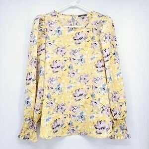 Pleione yellow multi-color floral print blouse Women's Sz  XS EUC